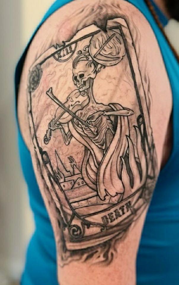 Death tarot card full shoulder tattoo